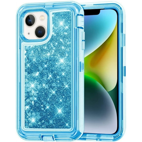 Designed for Apple iPhone 14 Heavy Duty Case, Heavy Duty Glitter Case for Girls Women Liquid Bling Sparkle Shining Glitter Luxury Shockproof Phone Case Cover for Apple iPhone 14,Blue