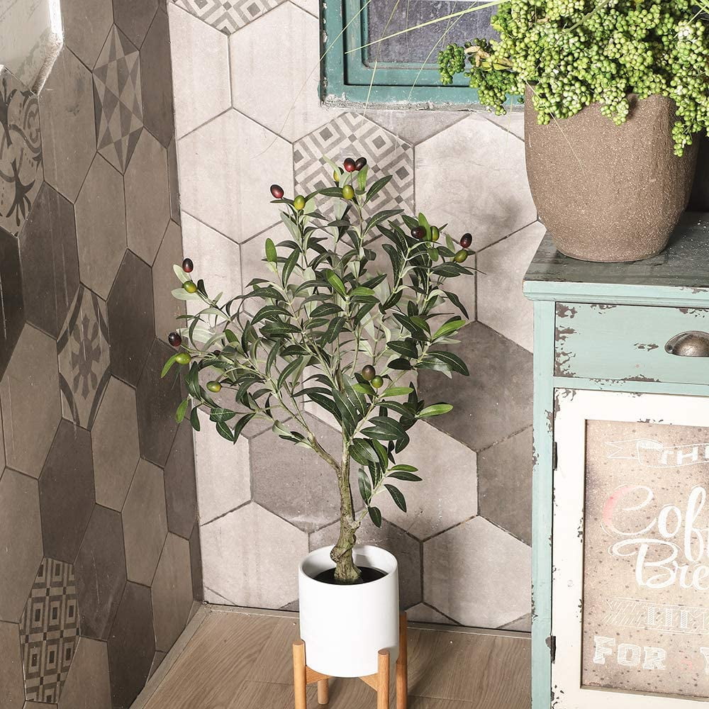 Artificial Olive Tree Plants 32 Inch Fake Olive Branch Leaves Topiary Silk Tree Faux Plant Decor