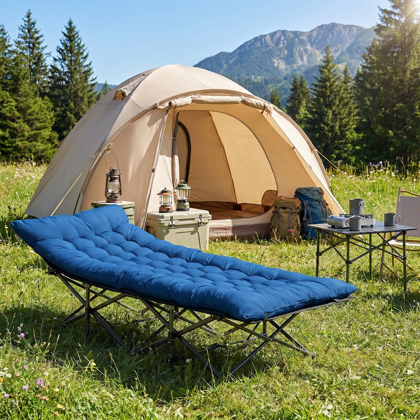 Simenmax Folding Camping Cot with Mattress, Heavy Duty Portable Bed for Adults, Quick Setup Travel Cot for Guest or Outdoor Use, Blue