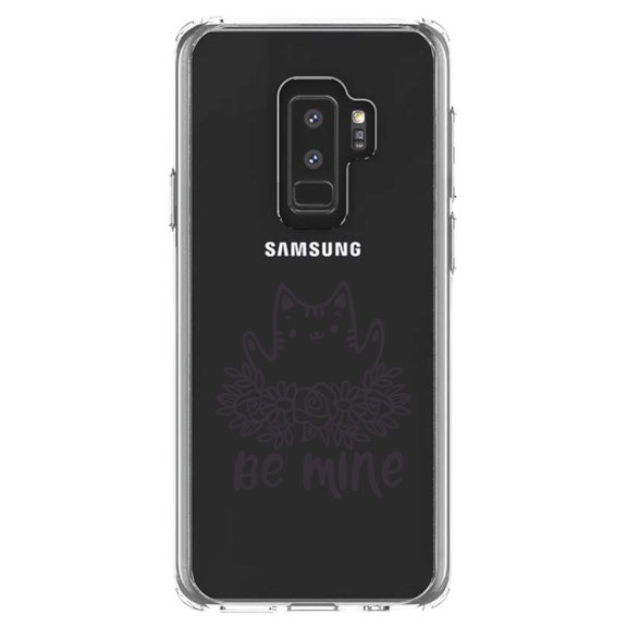 DistinctInk Clear Shockproof Hybrid Case for Samsung Galaxy S9  PLUS (6.2" Screen) - TPU Bumper Acrylic Back Tempered Glass Screen Protector - Valentine Cat - Be Mine Flowers