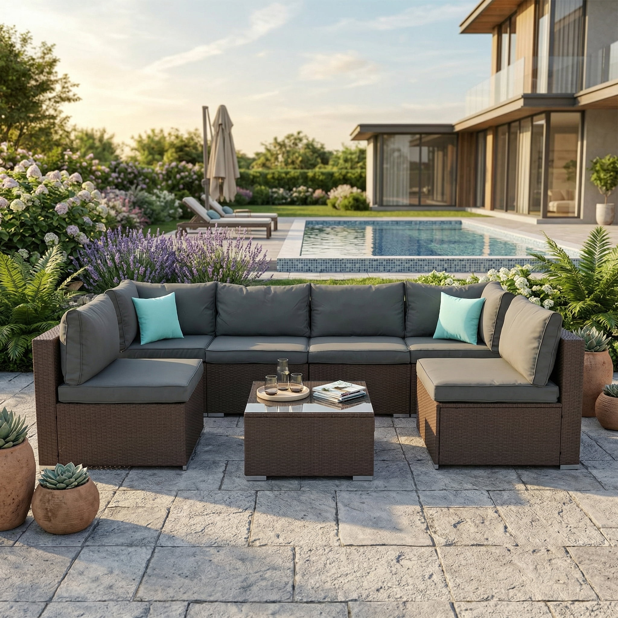Howcool 7-Piece Modular Outdoor Patio Furniture Set with Cushions and Tempered Glass Table