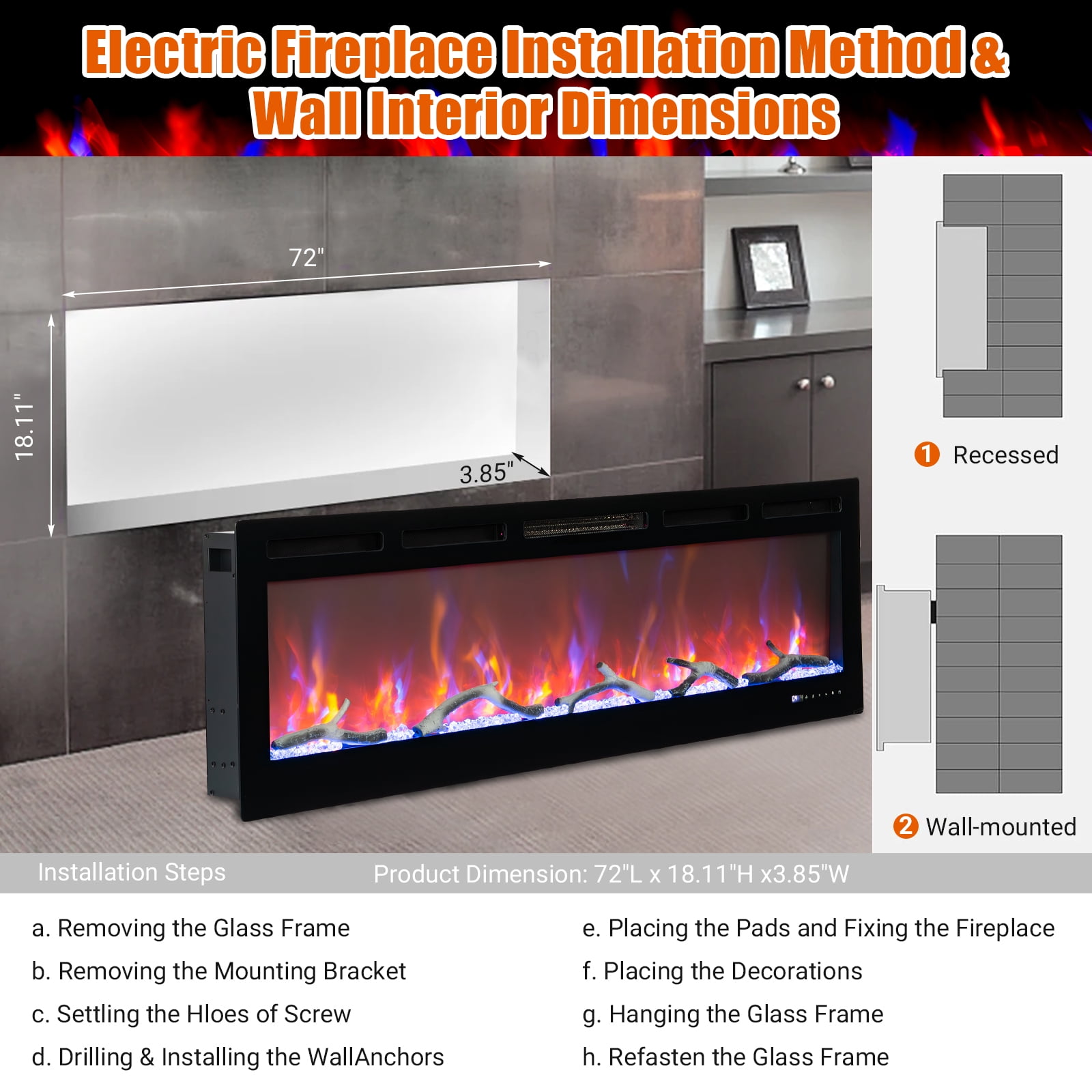 Yesurprise 70" In-Wall Electric Fireplace with Remote, Thermostat, Dual Heating & Timer, Featuring 12 Color Flames with Log & Crystal Decor