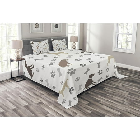 Dog Lover Bedspread Set, Paw Print Bones and Dog Silhouettes American Foxhound Breed Playful Pattern, Decorative Quilted Coverlet Set with Pillow Shams Included, Umber Beige Grey, by Ambesonne