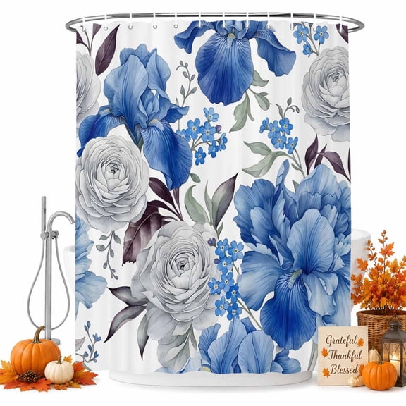 Blue Spring Flowers Shower Curtain, Waterproof Shower Curtains for Bathroom, Vintage Floral Elegance Roses Washable Fabric Bathtub Curtain Set Bath Decor with 12 Hooks 72"x78"