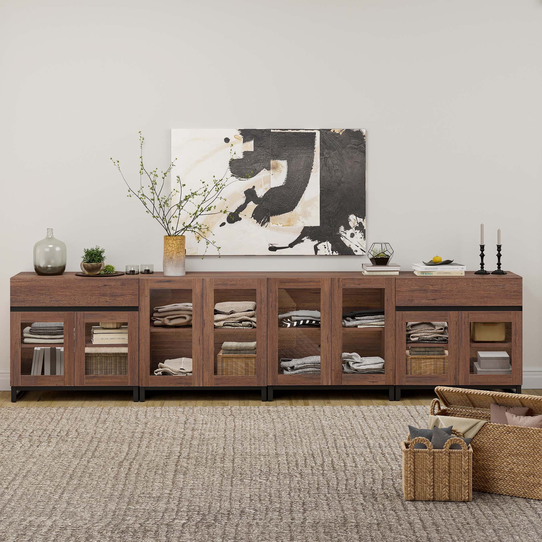 4 In 1 Multifunctional Dresser with Glass Doors & 2 Drawers, Modern Storage Chest with Adjustable Shelf, Closet Organizer Storage Cabinet for Bedroom Home Use,Brown