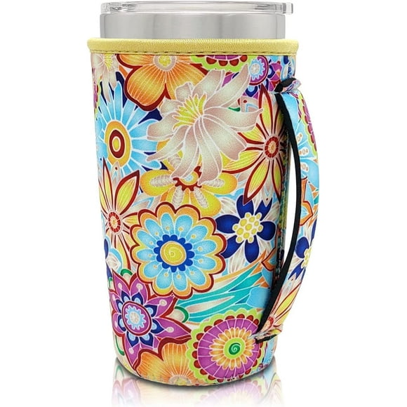 SHILIU-Neoprene Insulated Sleeves Cup Holder with Handle for 20oz Tumbler Cups, Reusable Iced Coffee Sleeve Compatible with Starbucks Trenta, Dunkin Large, more(Bright Floral)