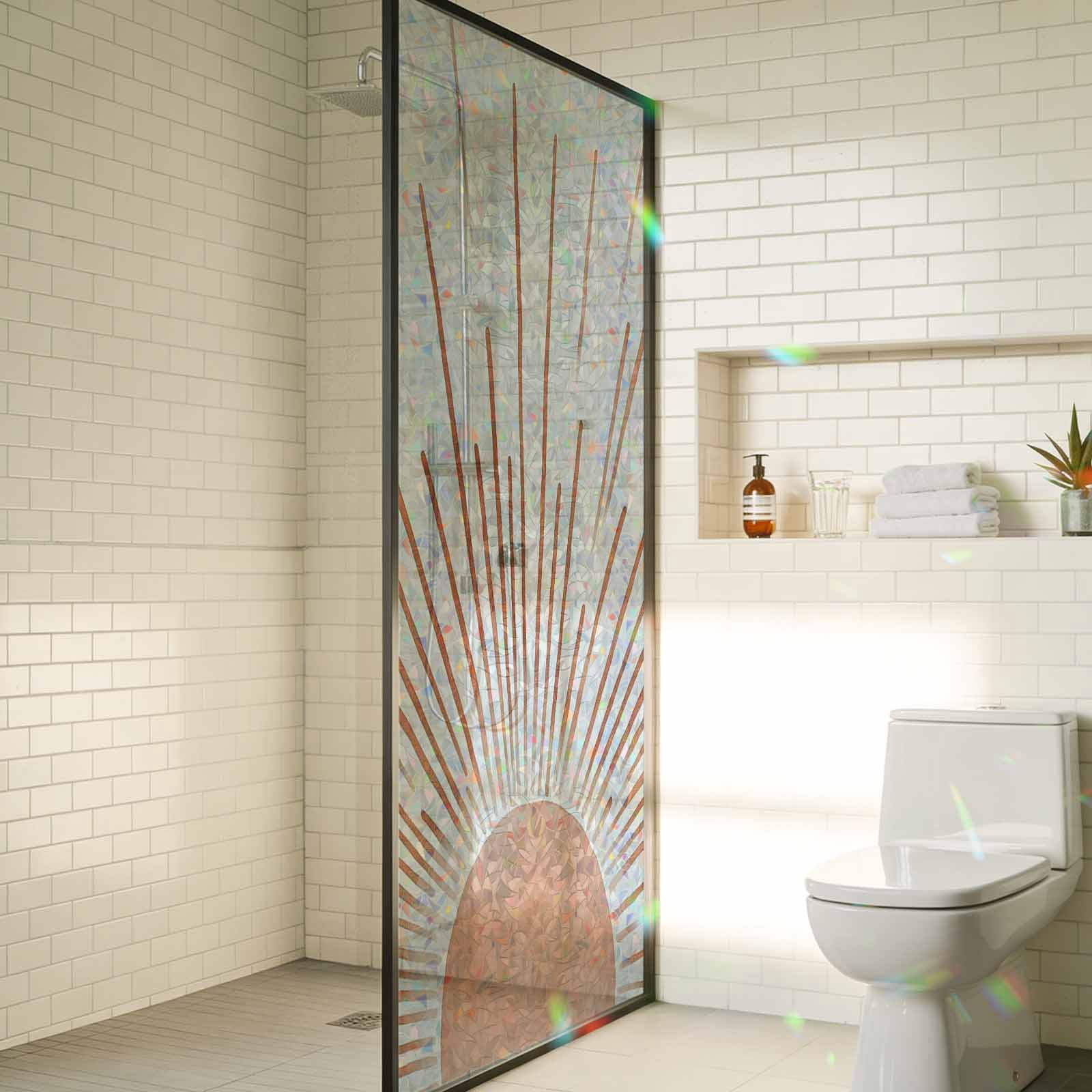 Orange Sunshine Window Privacy Film Stain Glass,Reusable Decorative Rainbow Window Film,Lines Retro Abstract Middle Century Static Cling Sun Blocking Stickers Decals Covers 23.6" x 59" (2pcs)
