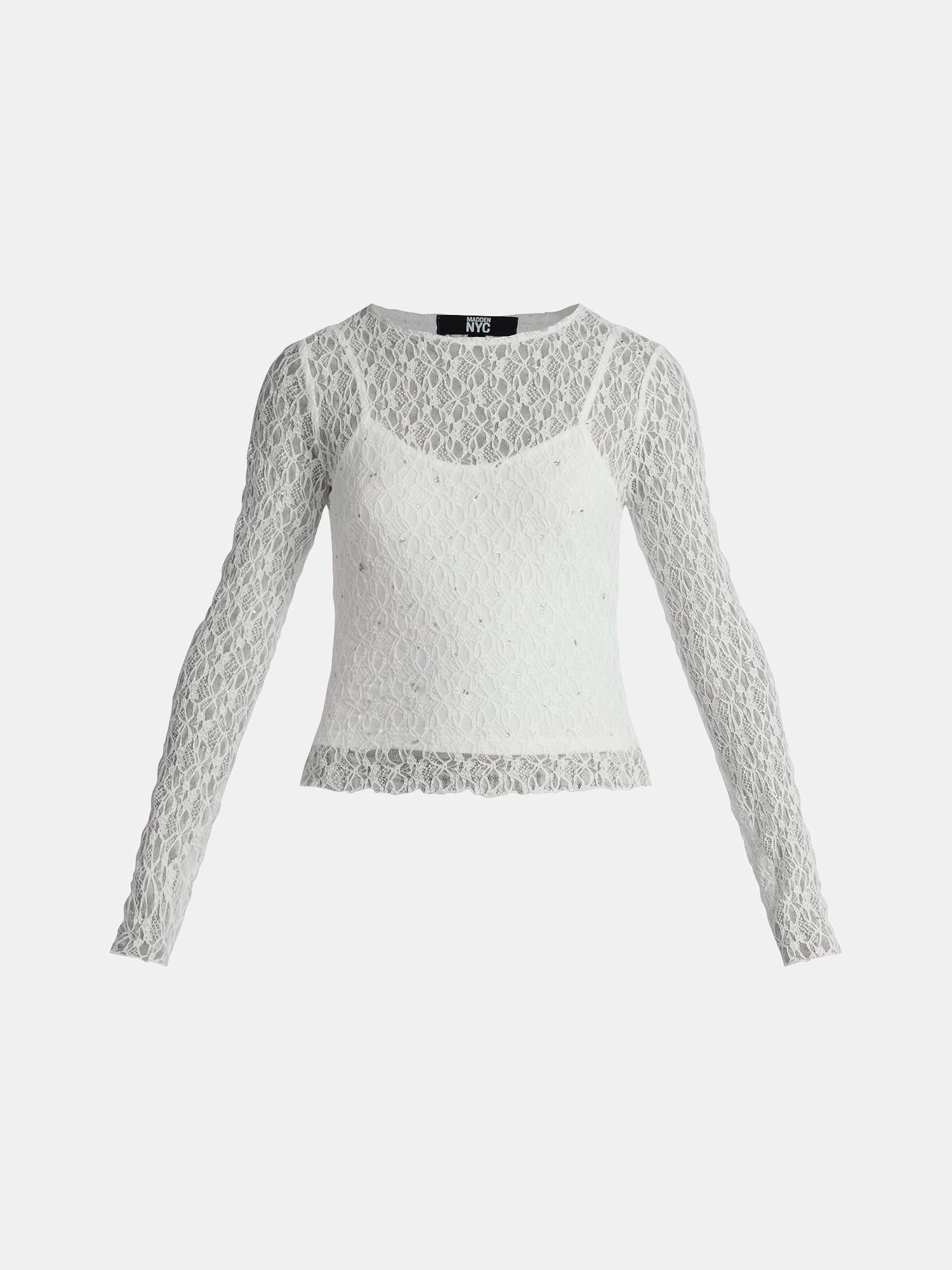 Madden NYC Women’s Lace Rhinestone Top with Long Sleeves, Sizes XXS-XXL