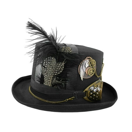 Deluxe Steampunk Top Hat Gears Straps Goggles Feathers Brown Black Costume Cap