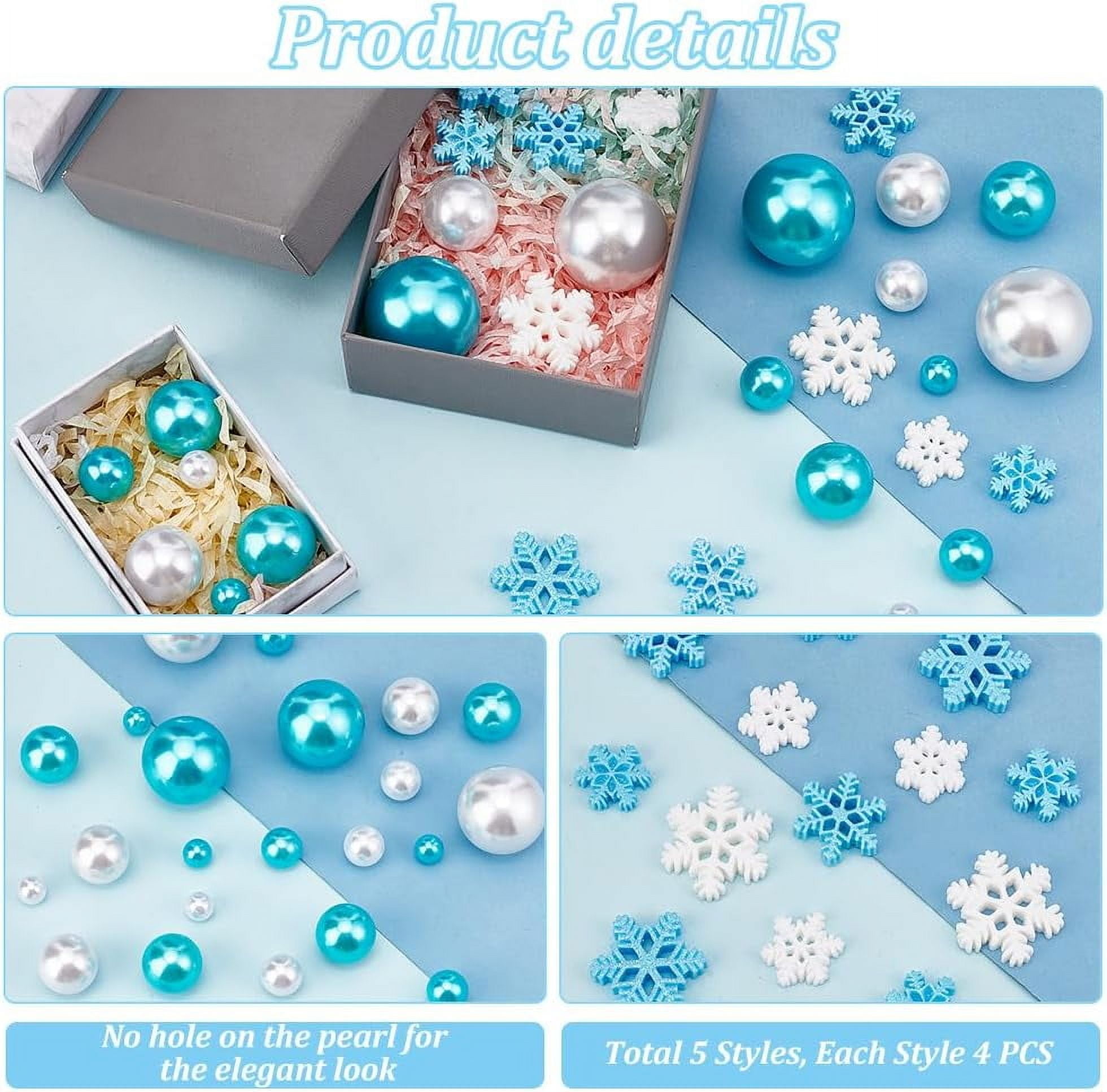 Floating Pearls for Centerpiece 144PCS No Hole Pearls for Vases 10/14/20/30mm Assorted Pearl Craft Beads with 20pcs Small Resin Snowflake Cabochons for Christmas Wedding Party Decor
