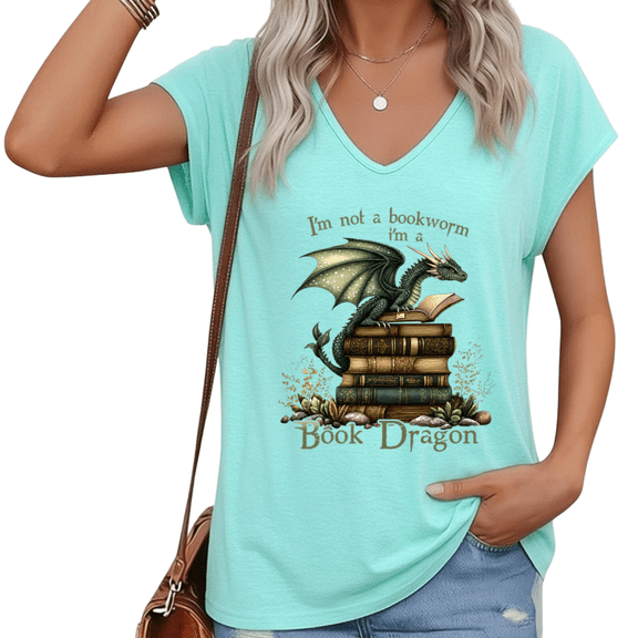 UNISHE Women's I'm Not A Bookworm I'm A Book Dragon V-Neck T-Shirt Fantasy Dragon Lover Reading Graphic Tee S-5XL Blue