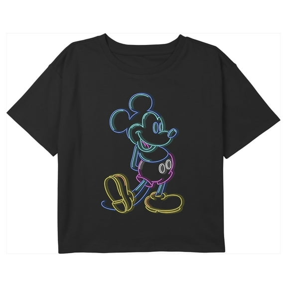Girl's Mickey & Friends Neon Mickey Graphic Cropped T-Shirt Black Medium