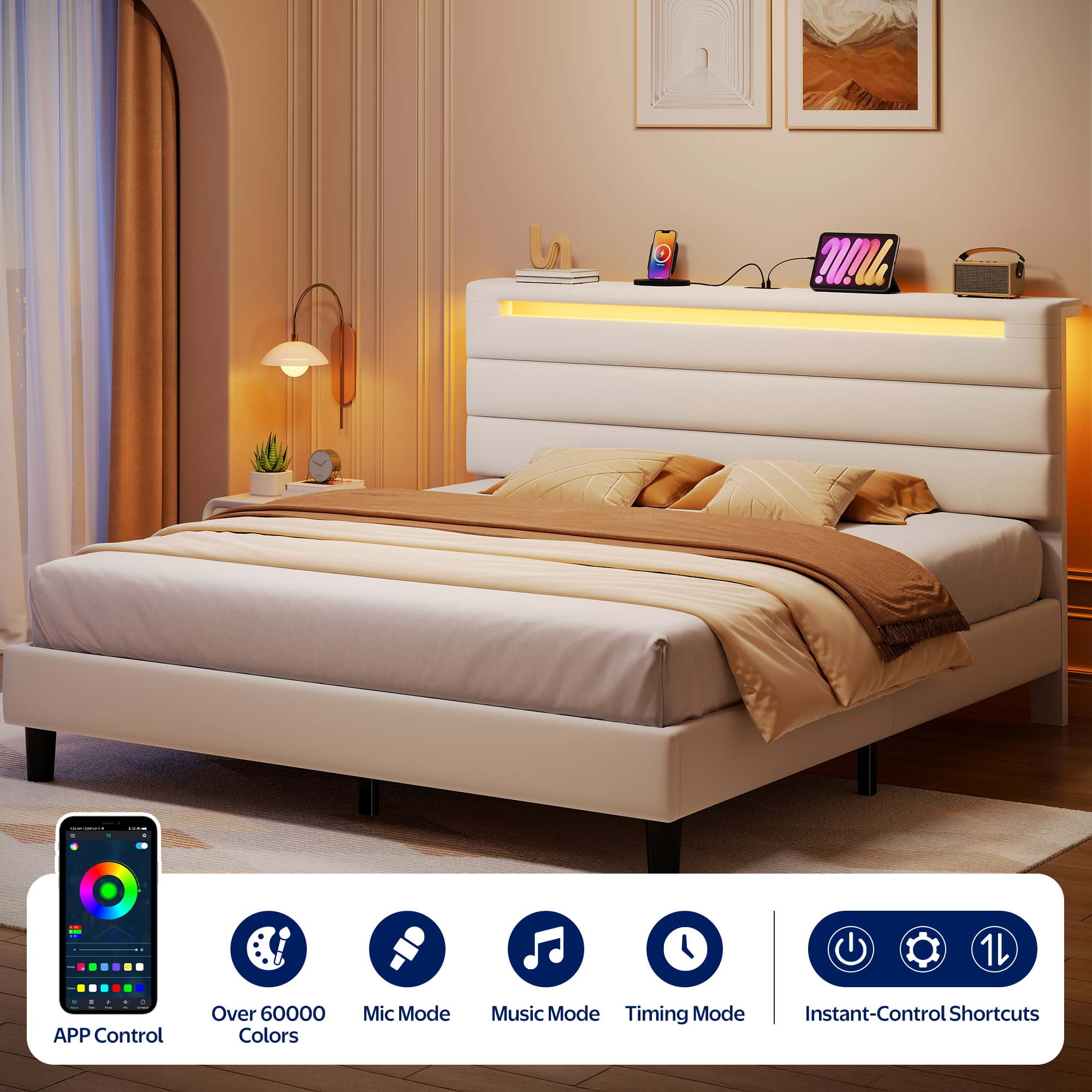 Greenstell Queen Size Bed Frame with Upholstered Storage Headboard and LED Light, Bed Platform with Charging Station, USB Ports, Under-bed Storage, White