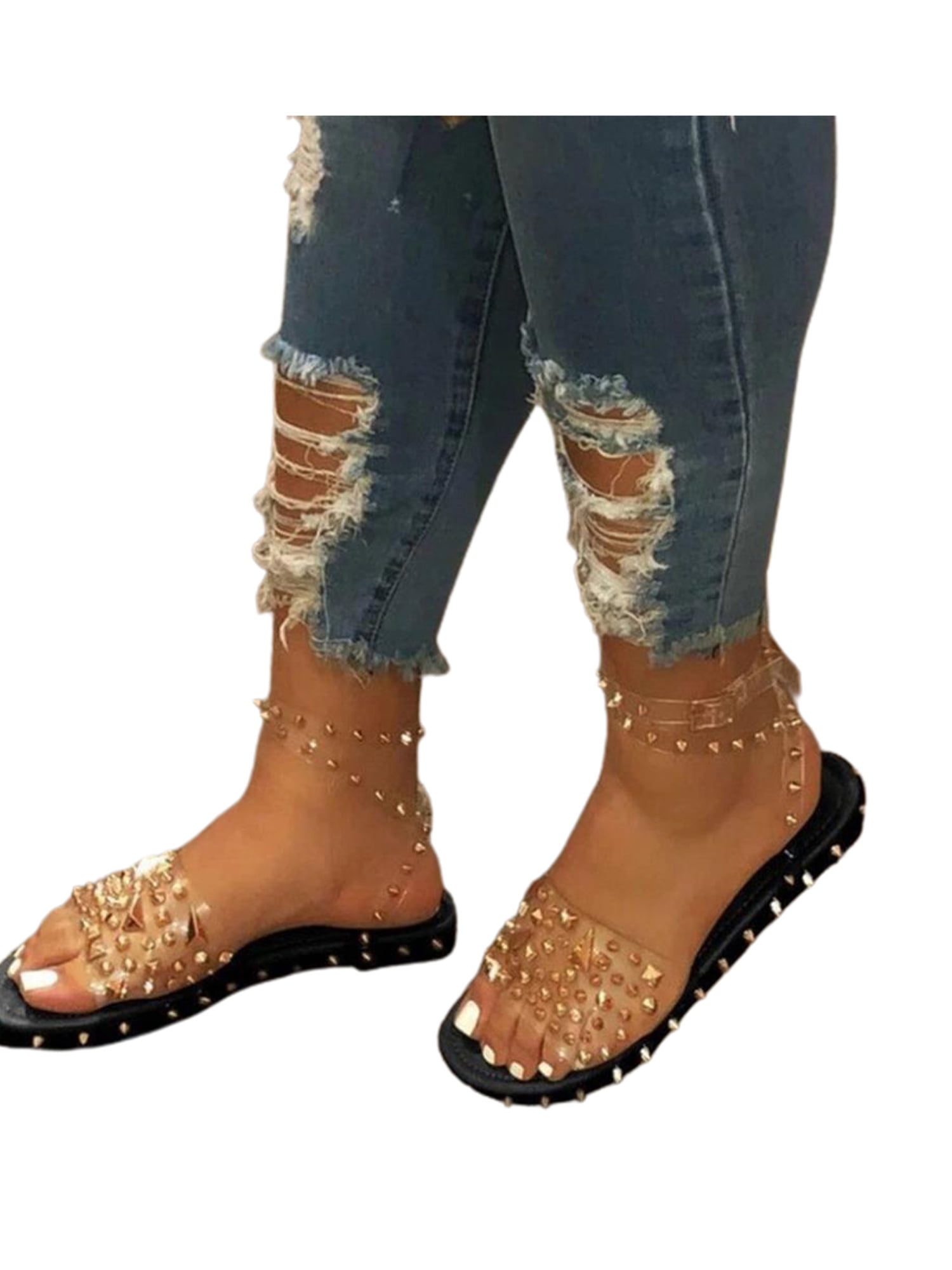 Women Flats Rivets Slides Strappy Studded Gladiator Sandals Slippers Open Toe