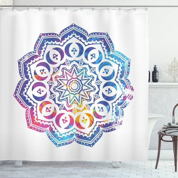 Chakra Shower Curtain, Kaleidoscopic Oriental Mandala Design Double Exposure Effect of Soft Colors, Fabric Bathroom Set with Hooks, 69W X 75L Inches Long, Azure Blue and Pink, by Ambesonne