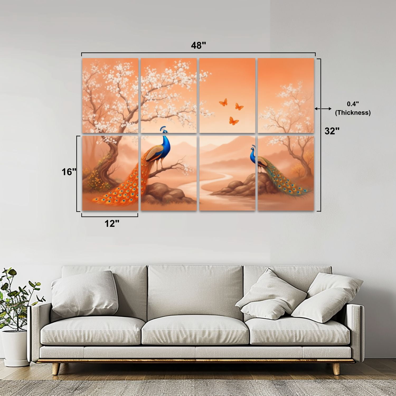 Vintage 8 Pack Art Acoustic Panels Sound Absorbing Peacocks Blossoming Trees Warm Sunset Landscape Orange Tones Decorative Soundproof Wall Panels Self Adhesive for Nursery Game Room Bedroom 48"x32"
