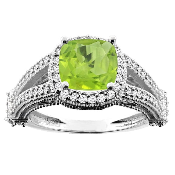 14K White Gold Natural Peridot Split Shank Ring Cushion 7x7mm Diamond Accent, size 5.5