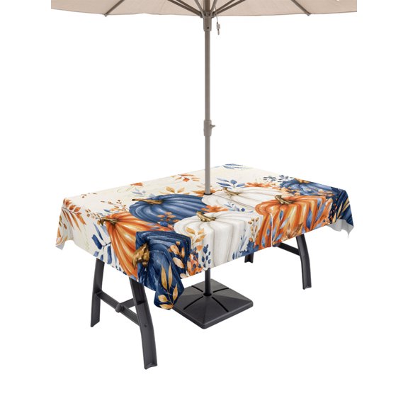 Outdoor Tablecloth with Umbrella Hole and Zipper, Fall Orange Blue Leaf Rectangle Waterproof Table Cover 60x84in Washable Table Cloth for Patio Picnic Party Thanksgiving Pumpkin