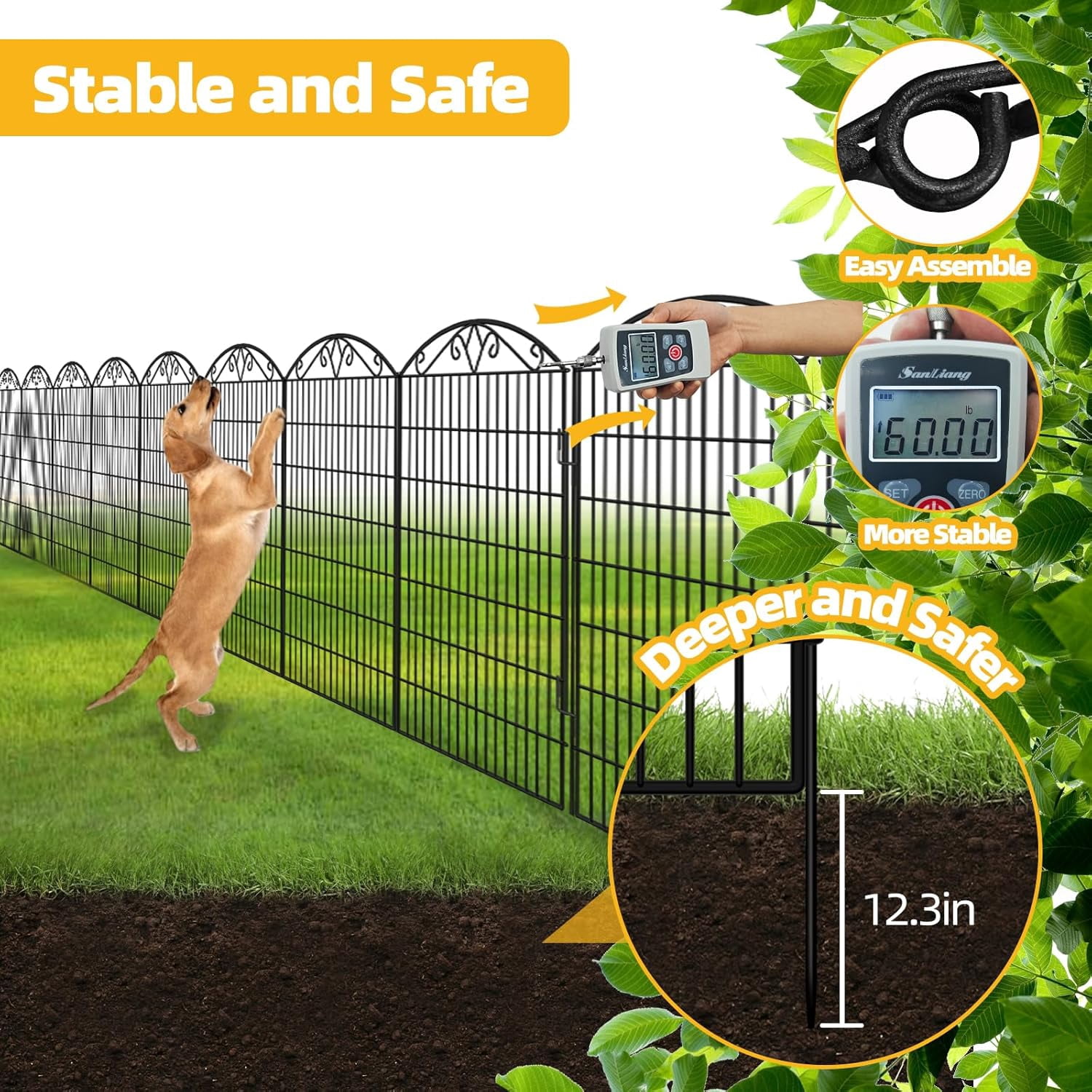 No Dig Decorative Garden Dog Fence Outdoor for Yard, Animal Barrier Fenceing Panels, Rustproof Ground Stakes Temporary Wire Screen for Patio