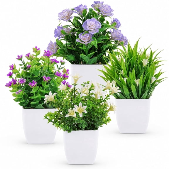 4 Pack Small Fake Plants Mini Artificial Faux Plants Indoor with Flowers Spring Decorations for Home Room Farmhouse Desk House Bathroom Decor