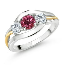 Gem Stone King 925 Sterling Silver and 10K Yellow Gold Round Pink Tourmaline and White Moissanite Ring for Women (0.98 Cttw, Available in Size 5, 6, 7, 8, 9)