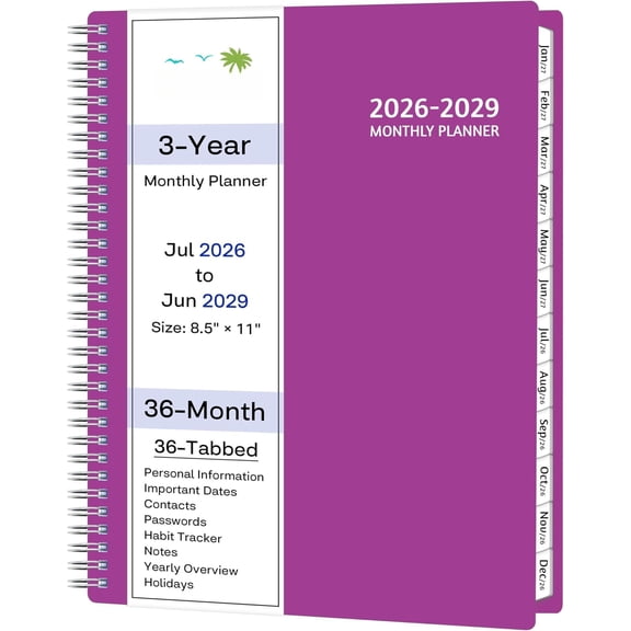 Monthly Planner 2026-2029, 36 Months Calendar Planner 2026-2029 from Jul 2026 - Jun 2029, 8.5'' x 11'' with Ruled Spread, Flexible Cover, Spiral Wirebound, Pocket, Coated Tabs, Notes & Habit