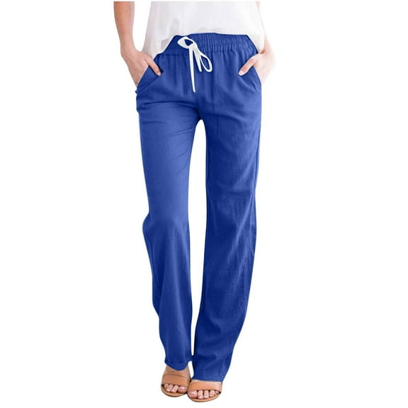 WREESH Womens Cotton Linen Pants Casual Wide Leg Pants Solid Elastic Waist Loose Long Pants with Pocket Blue