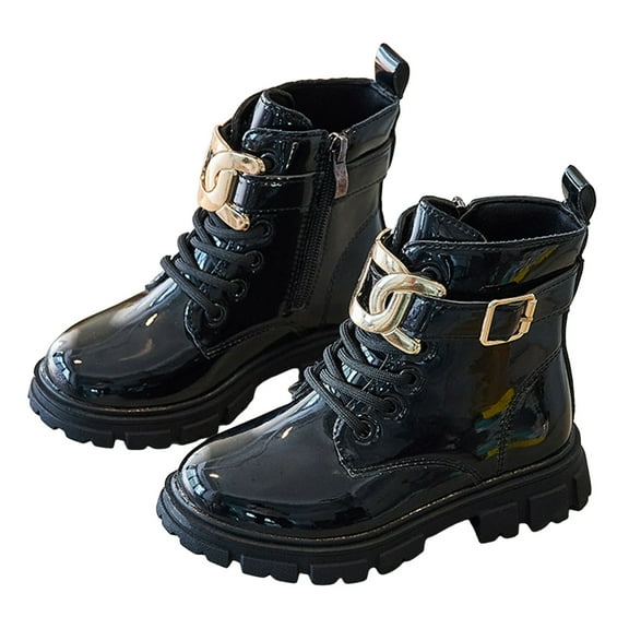 Girls Winter Ankle Boots Fashion Buckle Ankle Strap Lace up Side Zipper Waterproof Lug Sole Warm Kids Booties Black 9.5 Toddler