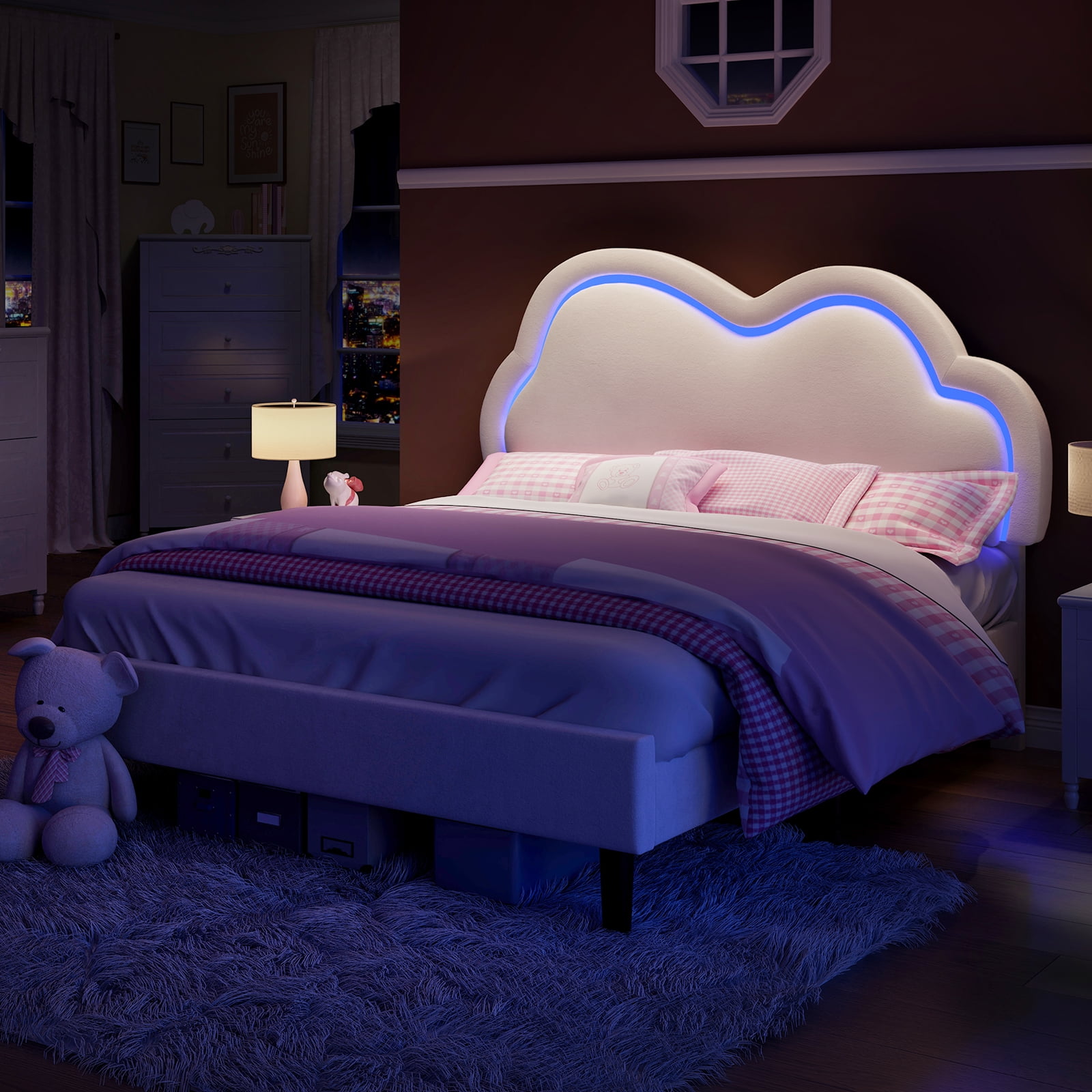 Merluxy Full Bed Frame with LED Light,Adjustable Cloud Headboard,No Box Spring Needed,Cream