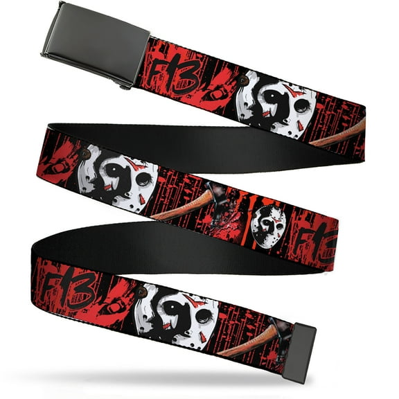 Adjustable Belt, Clamp Buckle, Cut-to-Fit, Friday the 13th Jason Mask Axe Blood Splatter Black Red