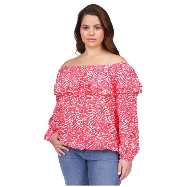 Michael Kors Womens Animal Print Off the Shoulder Blouse, red, Plus Size, 3X