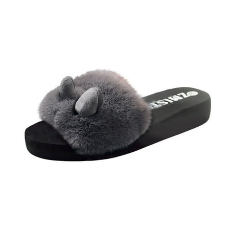 

Slippers for Women Fashion Indoor Rabbit Ear Women Slip-On Open Toe Flat Warm Winter Slipper Shoes Womens Slippers Flock Grey 37