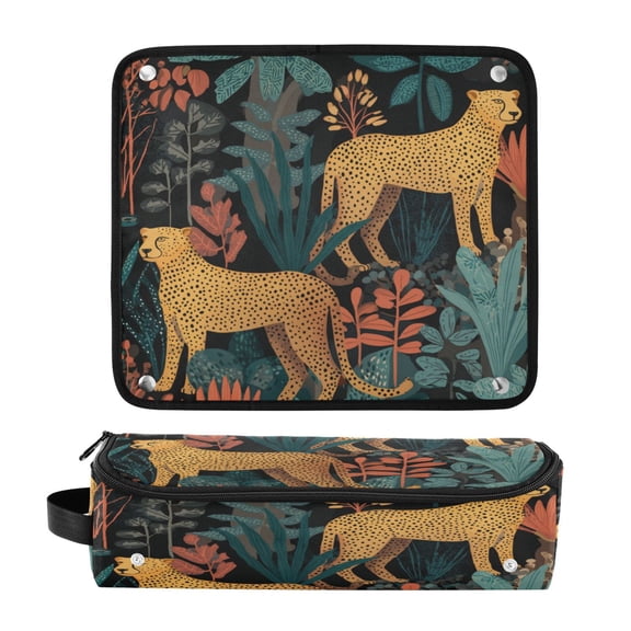 Hair Tool Organizer Bag with Heat Resistant Mat Removable Travel Storage Case for Hot Air Brushes Curling Irons Cheetah and Jungle Leaves