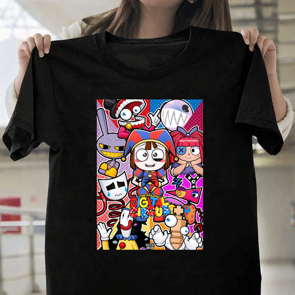 The Amazing Digital Circus Fan Graphic Colorful Cast Unisex T-Shirt, up to size 3XL.