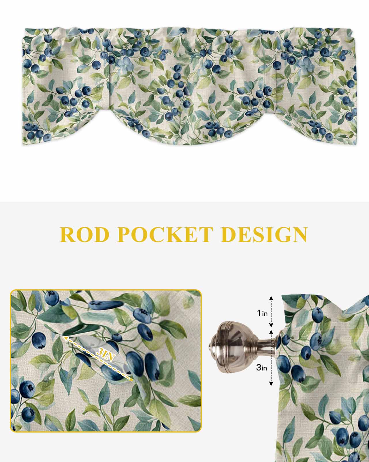 Blue Blueberry Tie Up Valances Curtain, Adjustable Kitchen Green Leaf Pastoral Plant Vintage Linen Valances for Windows Decor, Rod Pocket Short Curtains Set for Bedroom/Bathroom, 54"x18"