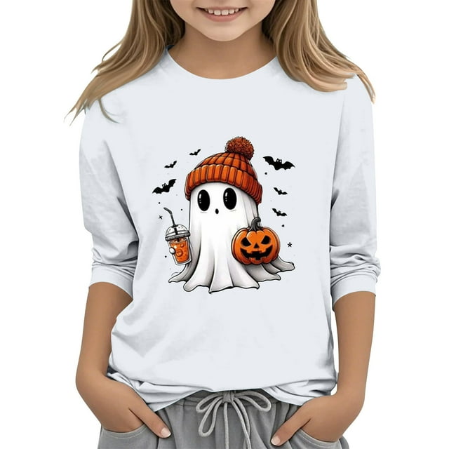 XQYLOS T-Shirt Mignon Festif pour Filles Haut Enfants Jeunes Décontracté Halloween Imprimé 2D Col Rond Manche Trois Quarts Tee T-Shirt Haut Automne Automne Vêtements Mode