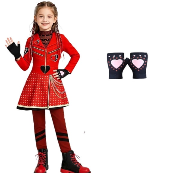 KAWELL Princess Red Costumes Outfits with Gloves Halloween Wonderland Cosplay Dress Up 4-13 Years