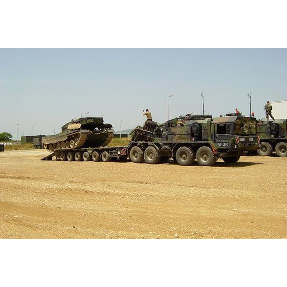 24x36 gallery poster, A German Leopard Tank tank 2A4 being unloaded from a SLT 50 Elefant tank transporter in Kosovo July 2002