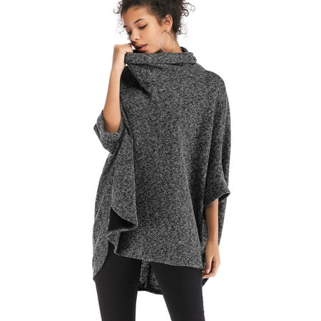 Womens Poncho Oversized Pullover Sweaters Warm Turtleneck Tops Irregular Cloak Bat Sleeve Coat Cape Top