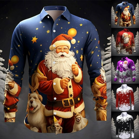 Christmas T-Shirts for Men Long Sleeve Funny Santa Graphic Button Down Shirts Collared Casual Fall Winter Family Xmas Gift Mens T-Shirts Blue L