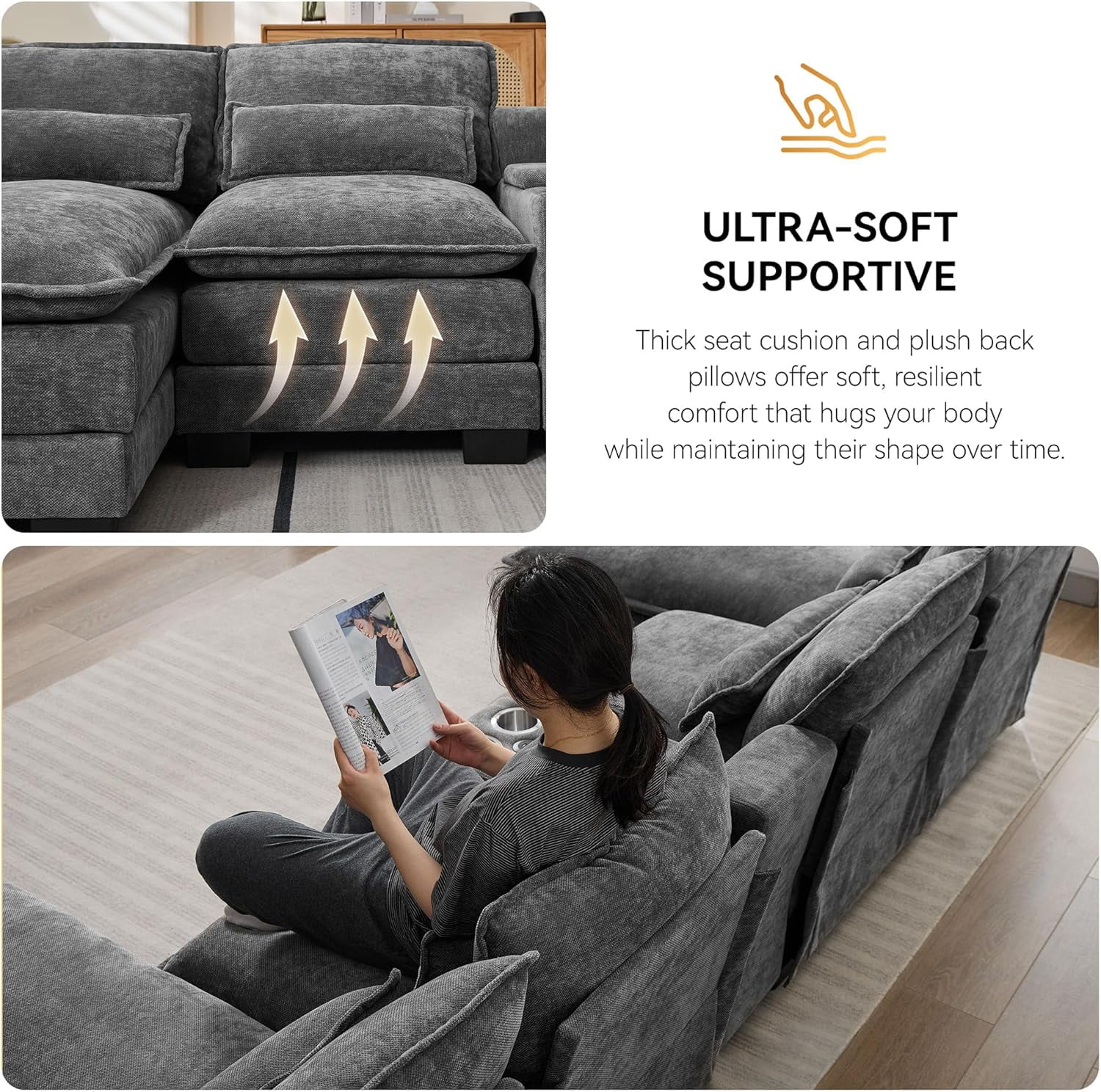 125'' U Shaped Cloud Modular Sectional Sofa with Chaise Lounges, Chenille Upholstered Comfy Couch with Storage Console, USB Charging Ports & Cup Holders, Modern Deep Seat Sofa for Living Room, Black