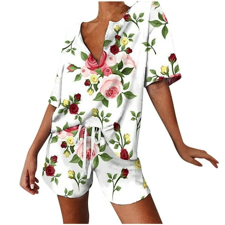 

Pajama Sets for Women Soft V Neck Short Sleeve Loose Fit Tops Drawstring Wide Leg Shorts Summer Lounge Sets