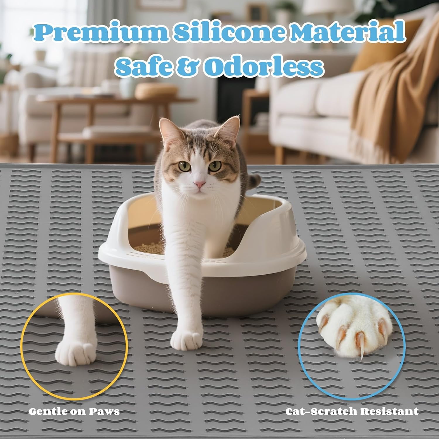 Cat Litter Mat, 47x35in Extra Large Silicone, Waterproof Floor Litter Box Mat Indoor, Jumbo Washable Litter Trapping Mat Easy Clean XXL, Grey