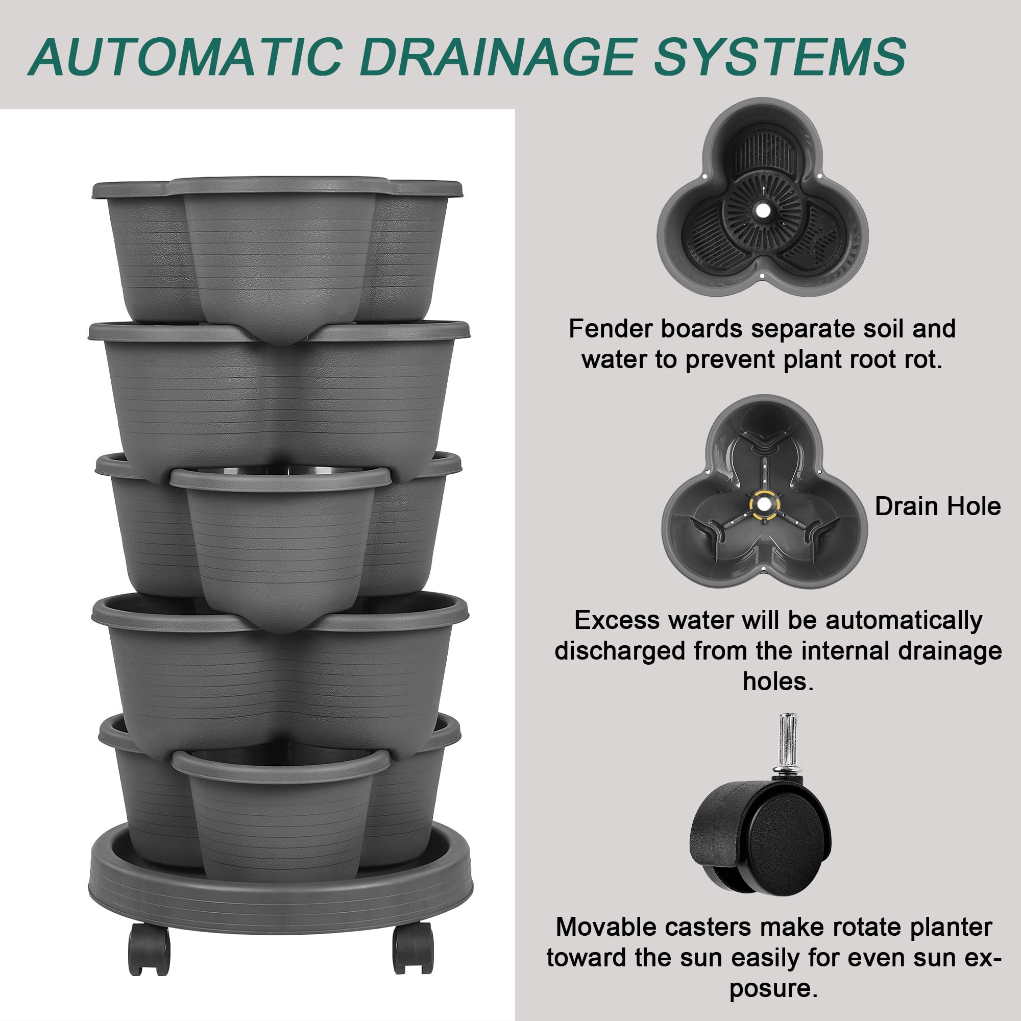 VECELO Stackable Planters 5 Tier Vertical Gardening Planter, Stackable Garden Tower Indoor Outdoor Pot For Strawberries, Flowers, Herbs, Vegetables With Removable Wheels, Dark Gray