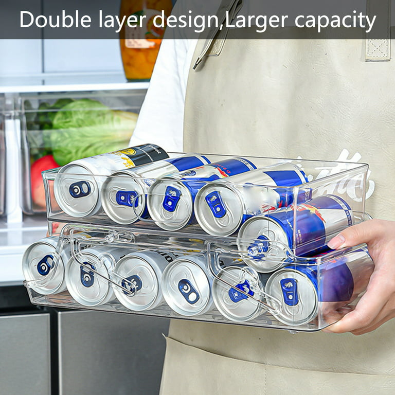2-Tier Rolling Refrigerator Organizer Bins Soda Can Beverage Bottle Holder  For Fridge Kitchen Plastic Storage Rack Container
