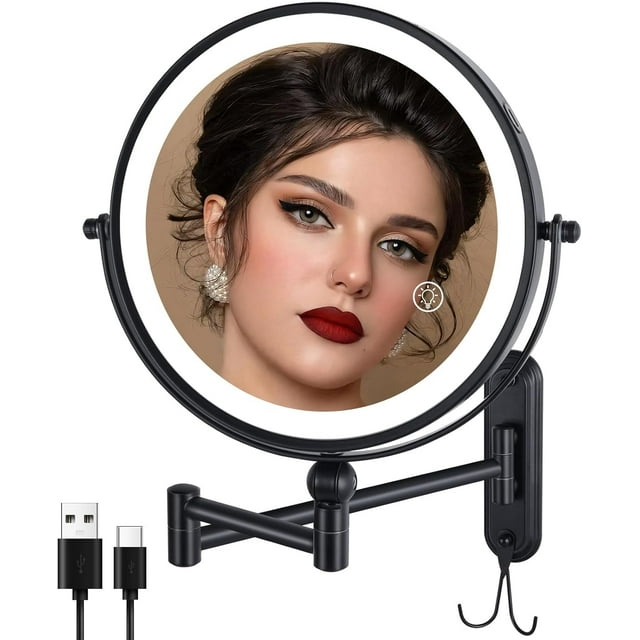 Rechargeable Wall Mounted Lighted Makeup Mirror DoubleSided /x Magnifying Mirror with Color Lights Vanity Mirror with DualTouch & Luminance Memory (Nickel)