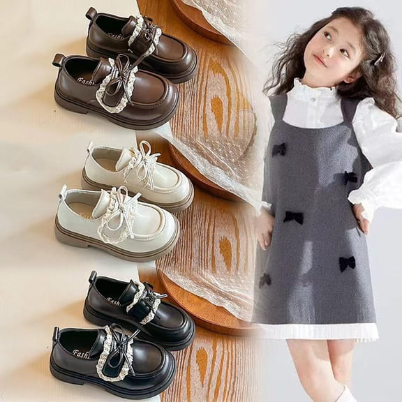 Viluyesy Spring Summer Girls Leather Mary Jane Shoes – Bow Accent, Lace Trim Princess Style Loafers with Soft Sole and Classic College-Inspired Design Brown Size 13