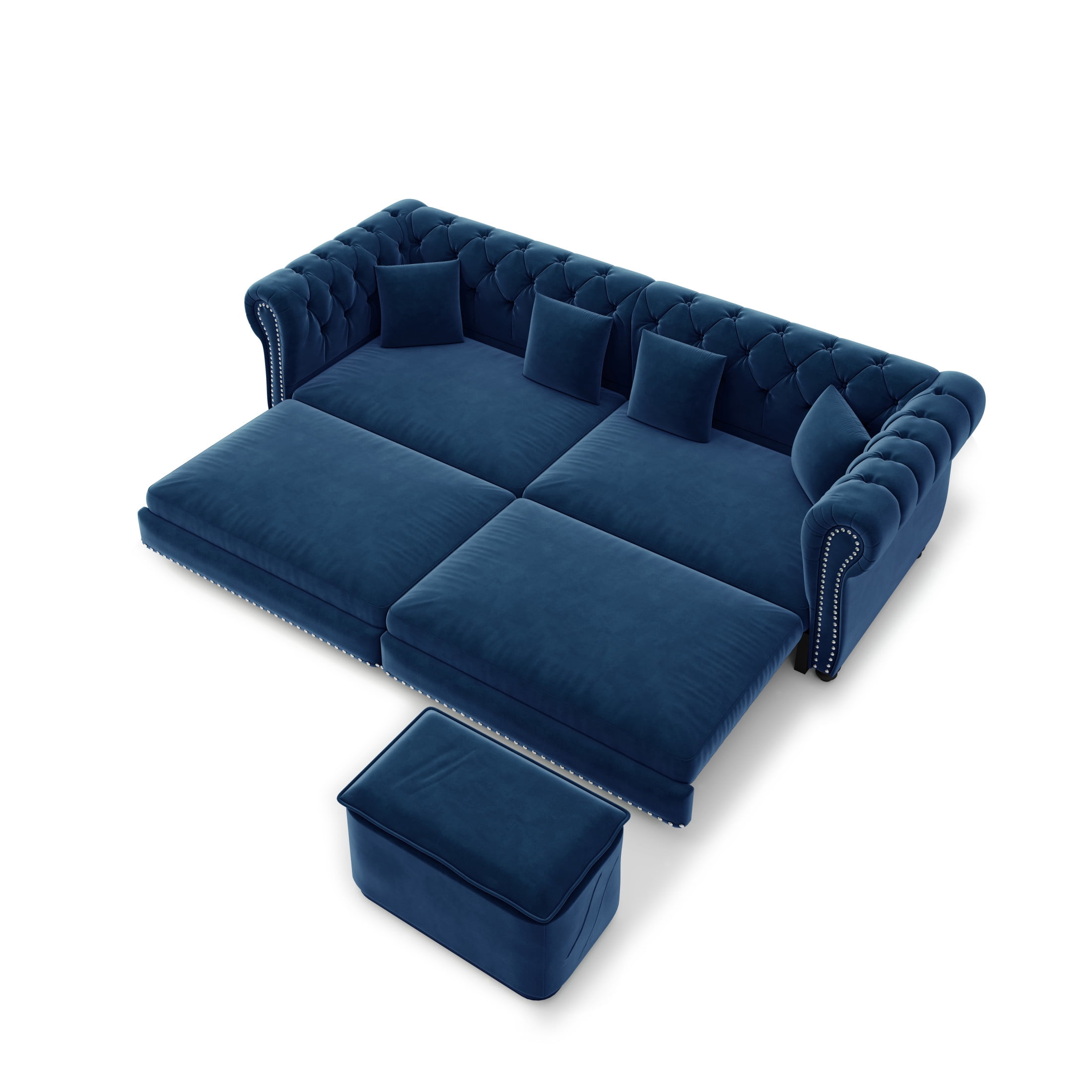 Noble House Ulwick Velvet Chesterfield Pull-Out Sofa Bed, 3-in-1 Convertible Sleeper Couch with Movable Ottoman, Blue