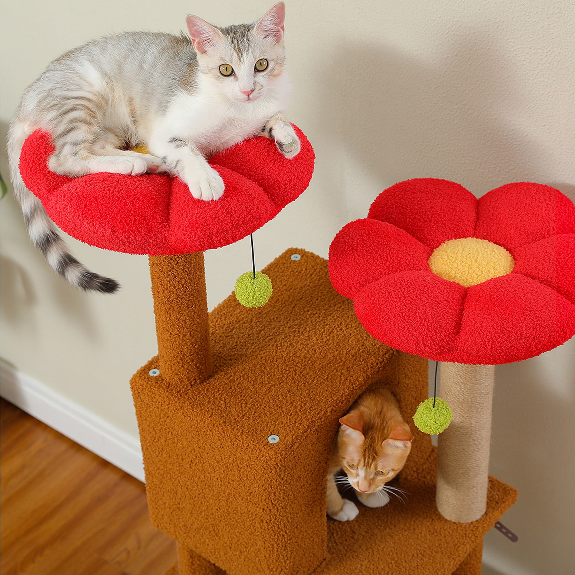 Kadyn 52" Cat Tree Tower with 2 Scratching Posts, 2 Perches, 2 Caves, Pompoms, Multi-Level Plush Cat Condo for Indoor Cats, Brown
