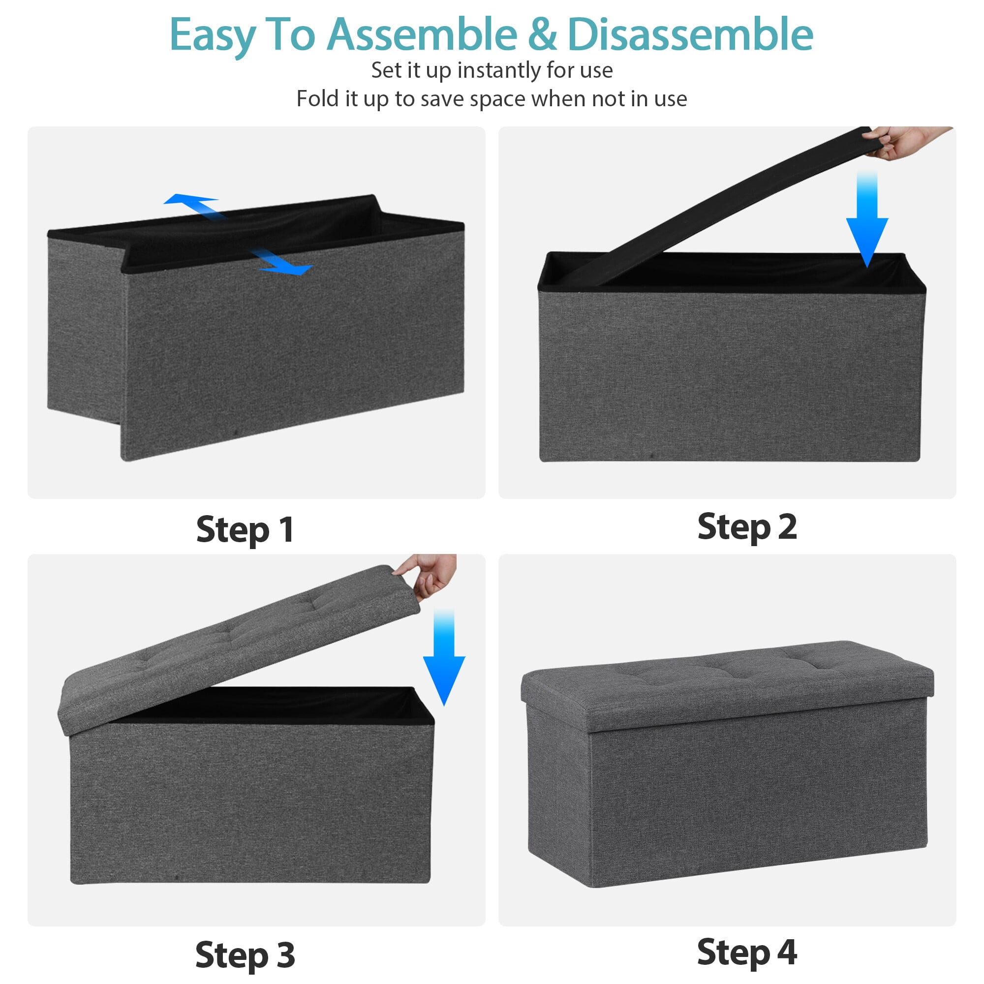 HomGarden 30'' Linen Storage Ottoman Bench Modern Foldable Footrest Padded Seat 660lbs Dark Gray